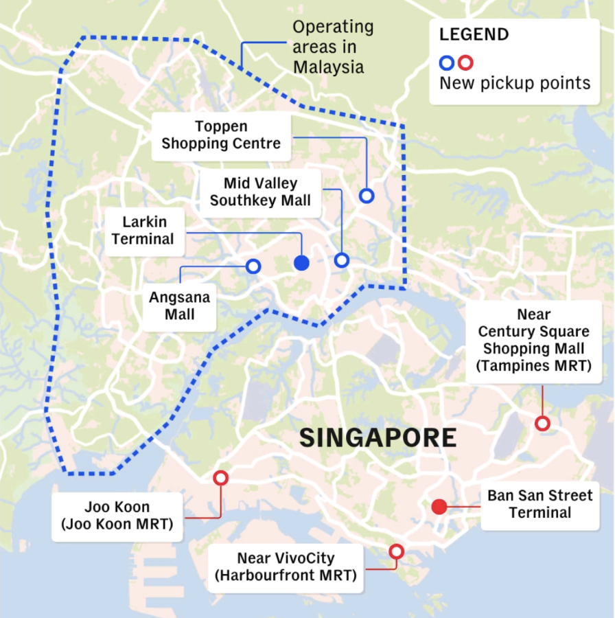 Map of Singapore-Malaysia cross-border taxi operating areas and new pickup points from May 2026
